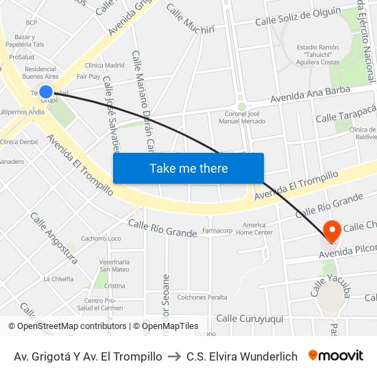 Av. Grigotá Y Av. El Trompillo to C.S. Elvira Wunderlich map