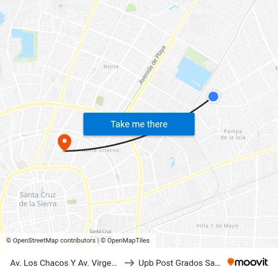 Av. Los Chacos Y Av. Virgen De Luján to Upb Post Grados Santa Cruz map