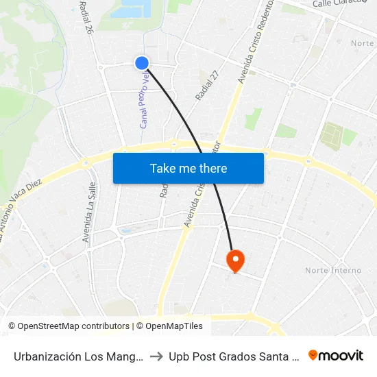 Urbanización Los Mangales to Upb Post Grados Santa Cruz map