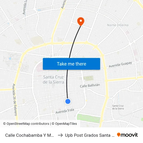 Calle Cochabamba Y Moldes to Upb Post Grados Santa Cruz map
