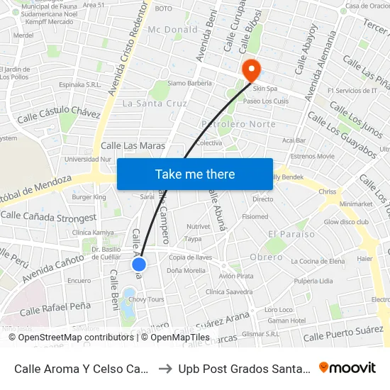 Calle Aroma Y Celso Castedo to Upb Post Grados Santa Cruz map