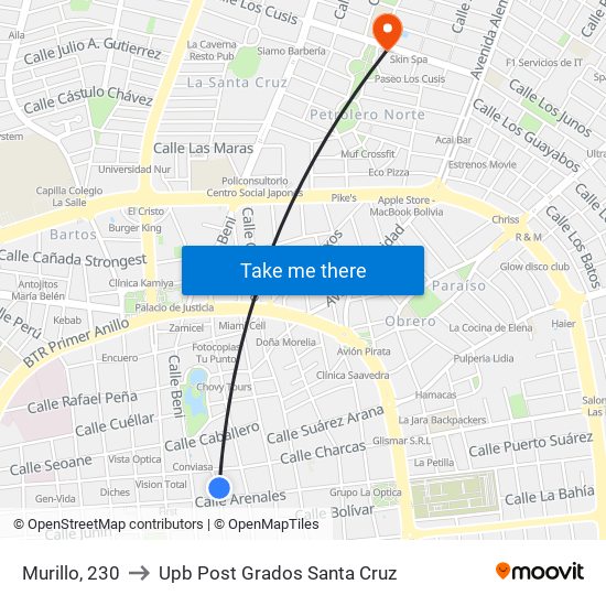 Murillo, 230 to Upb Post Grados Santa Cruz map