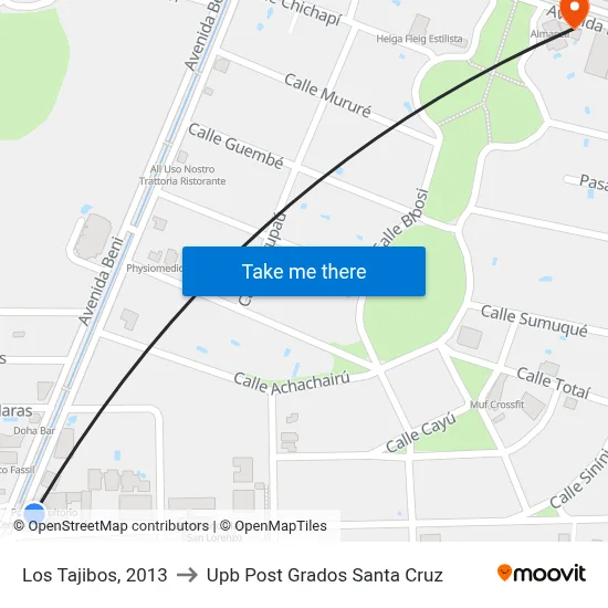 Los Tajibos, 2013 to Upb Post Grados Santa Cruz map