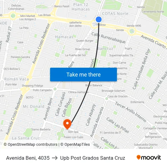 Avenida Beni, 4035 to Upb Post Grados Santa Cruz map