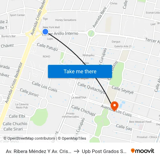 Av. Ribera Méndez Y Av. Cristo Redentor to Upb Post Grados Santa Cruz map