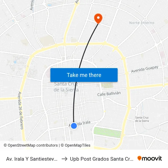 Av. Irala Y Santiestevan to Upb Post Grados Santa Cruz map