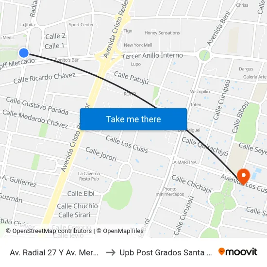 Av. Radial 27 Y Av. Mercado to Upb Post Grados Santa Cruz map