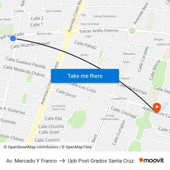 Av. Mercado Y Franco to Upb Post Grados Santa Cruz map