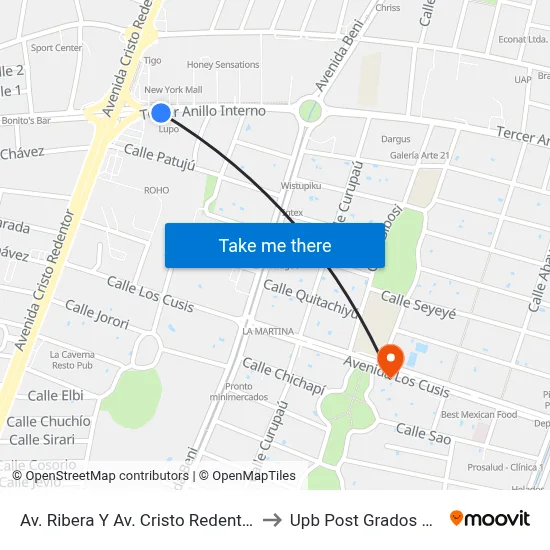 Av. Ribera Y Av. Cristo Redentor (Hipermaxi) to Upb Post Grados Santa Cruz map