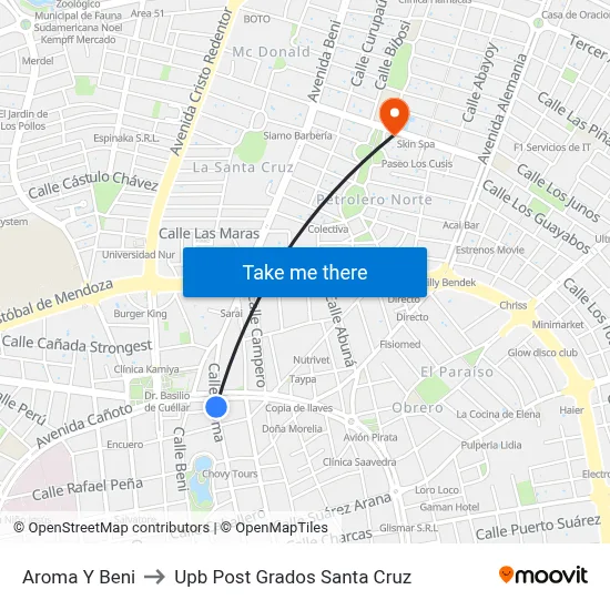 Aroma Y Beni to Upb Post Grados Santa Cruz map