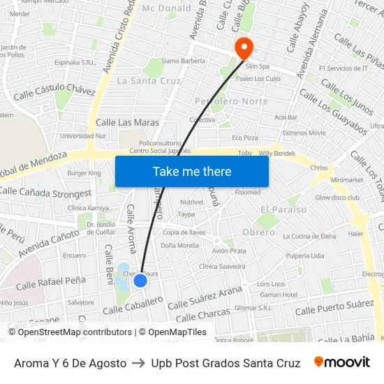 Aroma Y 6 De Agosto to Upb Post Grados Santa Cruz map