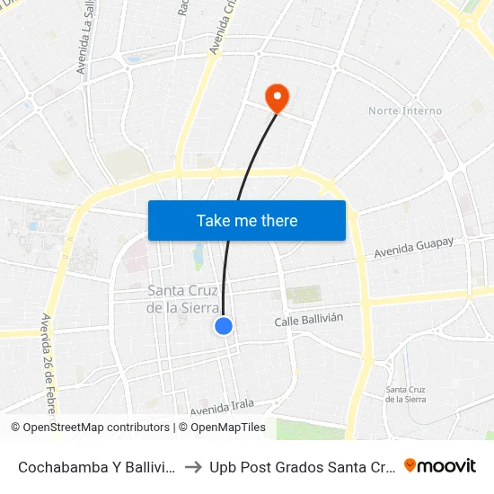 Cochabamba Y Ballivián to Upb Post Grados Santa Cruz map