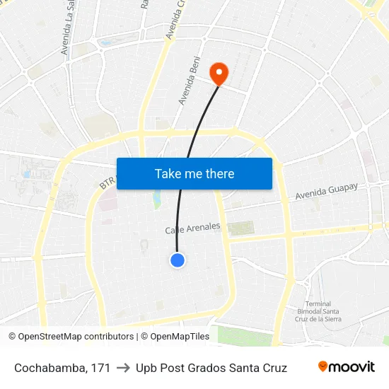 Cochabamba, 171 to Upb Post Grados Santa Cruz map