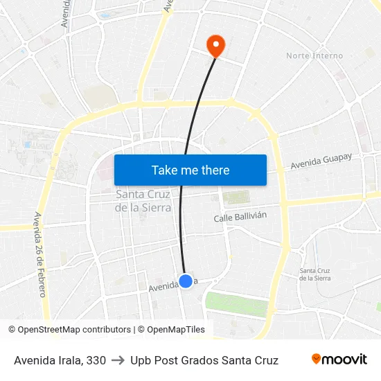 Avenida Irala, 330 to Upb Post Grados Santa Cruz map