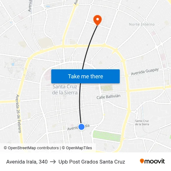 Avenida Irala, 340 to Upb Post Grados Santa Cruz map
