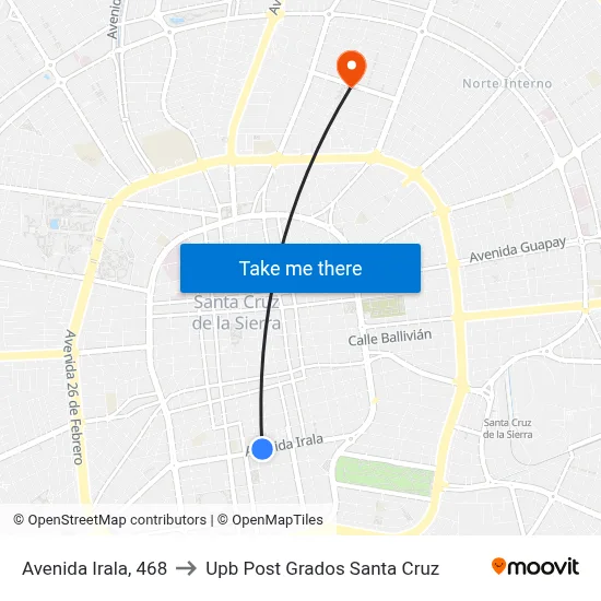 Avenida Irala, 468 to Upb Post Grados Santa Cruz map