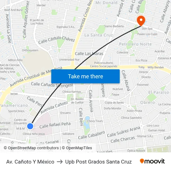 Av. Cañoto Y México to Upb Post Grados Santa Cruz map