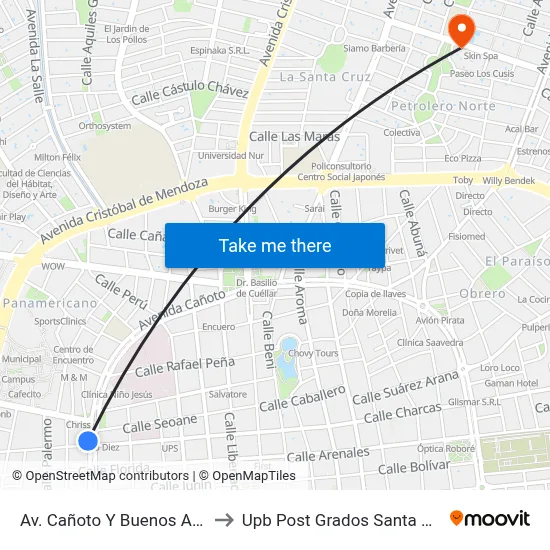 Av. Cañoto Y Buenos Aires to Upb Post Grados Santa Cruz map