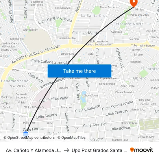 Av. Cañoto Y Alameda Junín to Upb Post Grados Santa Cruz map