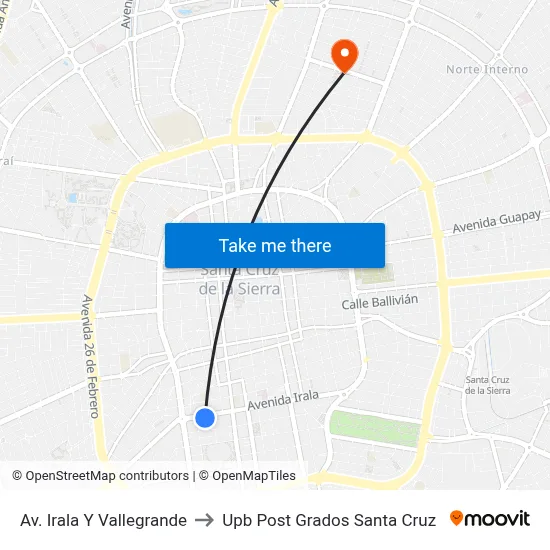Av. Irala Y Vallegrande to Upb Post Grados Santa Cruz map