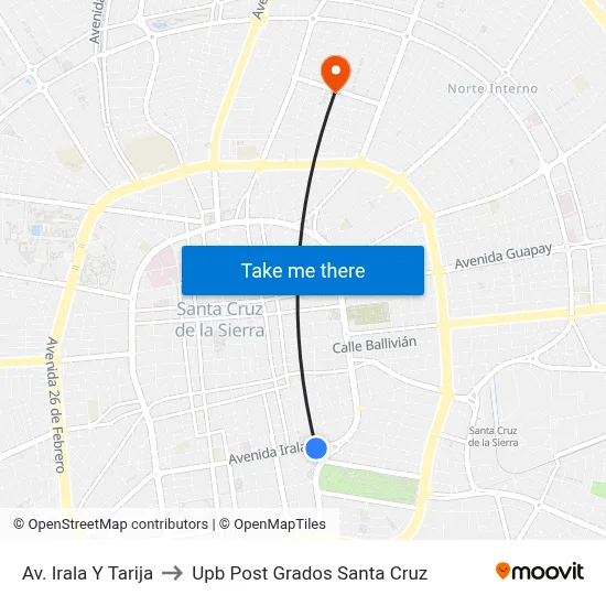 Av. Irala Y Tarija to Upb Post Grados Santa Cruz map