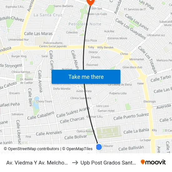 Av. Viedma Y Av. Melchor Pinto to Upb Post Grados Santa Cruz map