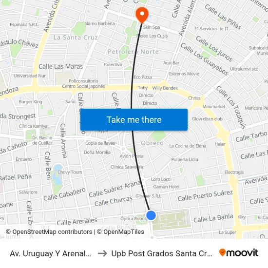 Av. Uruguay Y Arenales to Upb Post Grados Santa Cruz map