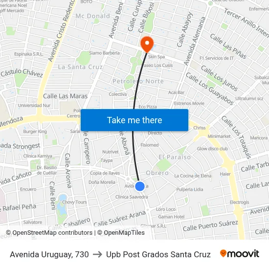 Avenida Uruguay, 730 to Upb Post Grados Santa Cruz map
