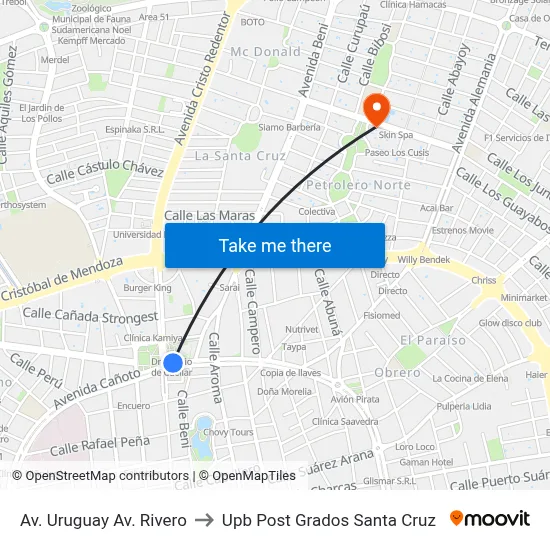 Av. Uruguay Av. Rivero to Upb Post Grados Santa Cruz map