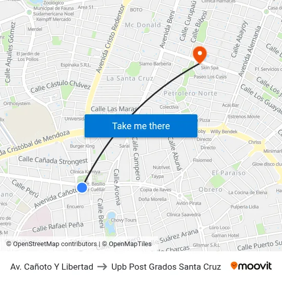 Av. Cañoto Y Libertad to Upb Post Grados Santa Cruz map