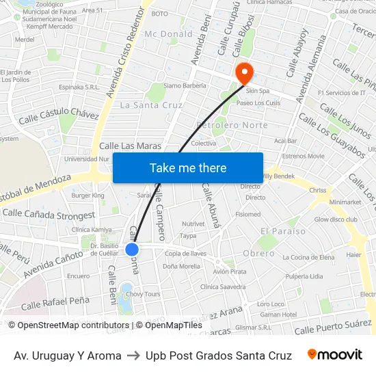 Av. Uruguay Y Aroma to Upb Post Grados Santa Cruz map