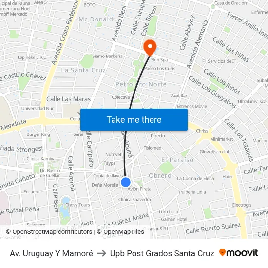 Av. Uruguay Y Mamoré to Upb Post Grados Santa Cruz map