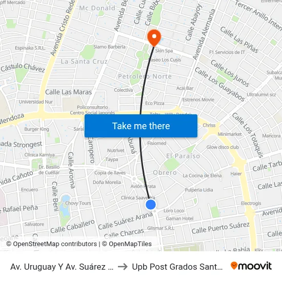 Av. Uruguay Y Av. Suárez Arana to Upb Post Grados Santa Cruz map