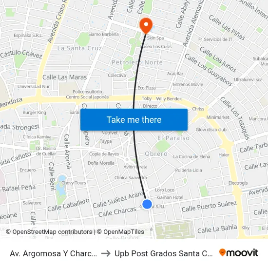 Av. Argomosa Y Charcas to Upb Post Grados Santa Cruz map