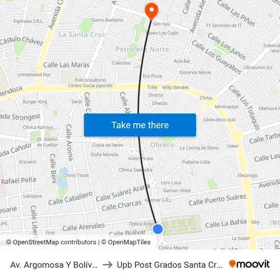 Av. Argomosa Y Bolívar to Upb Post Grados Santa Cruz map