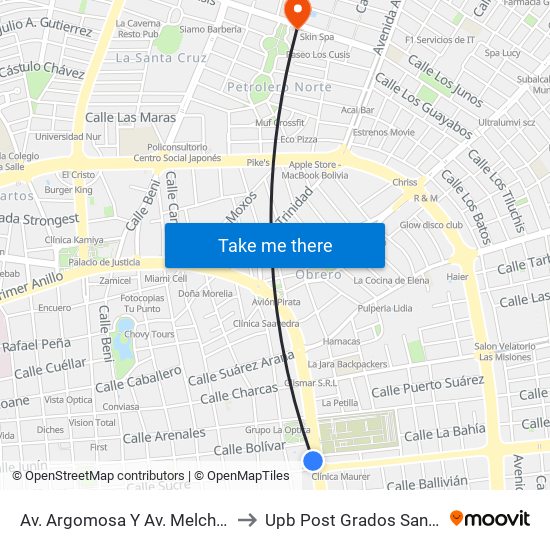 Av. Argomosa Y Av. Melchor Pinto to Upb Post Grados Santa Cruz map