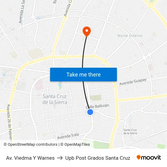 Av. Viedma Y Warnes to Upb Post Grados Santa Cruz map