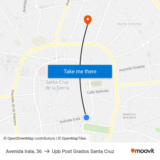 Avenida Irala, 36 to Upb Post Grados Santa Cruz map