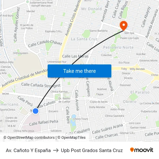 Av. Cañoto Y España to Upb Post Grados Santa Cruz map