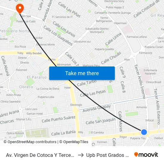 Av. Virgen De Cotoca Y Tercer Anillo Interno to Upb Post Grados Santa Cruz map