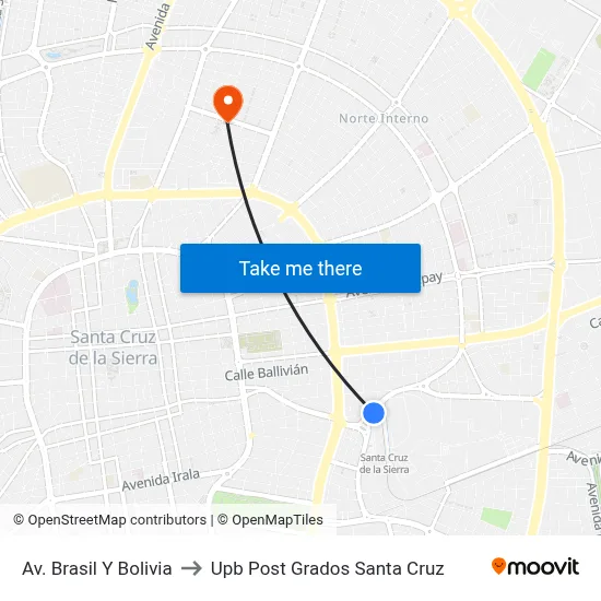 Av. Brasil Y Bolivia to Upb Post Grados Santa Cruz map
