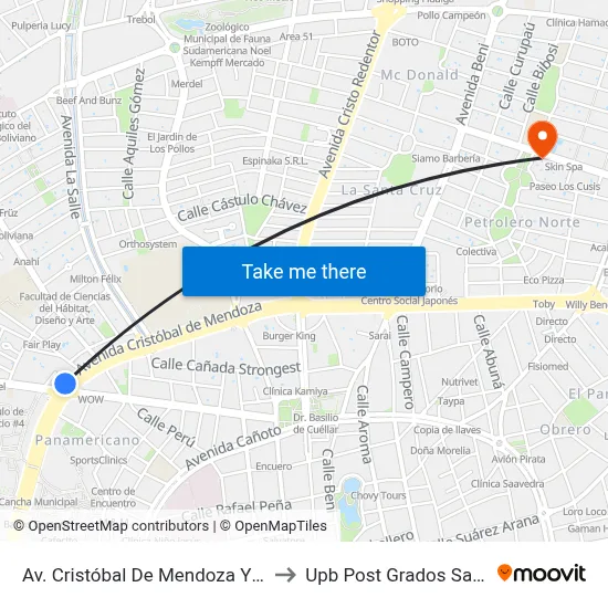 Av. Cristóbal De Mendoza Y Av. Busch to Upb Post Grados Santa Cruz map