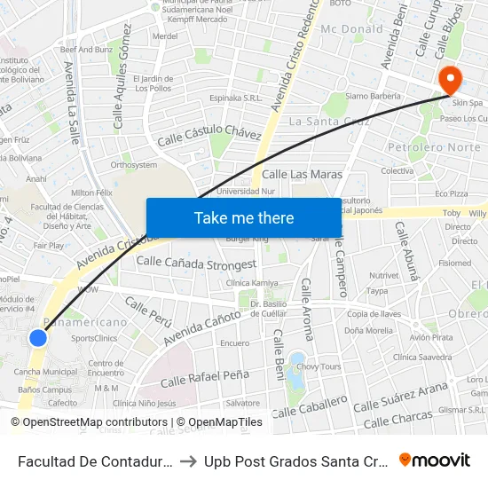 Facultad De Contaduría to Upb Post Grados Santa Cruz map
