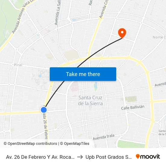 Av. 26 De Febrero Y Av. Roca Y Coronado to Upb Post Grados Santa Cruz map
