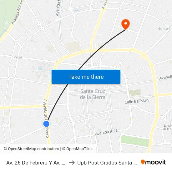 Av. 26 De Febrero Y Av. Piraí to Upb Post Grados Santa Cruz map