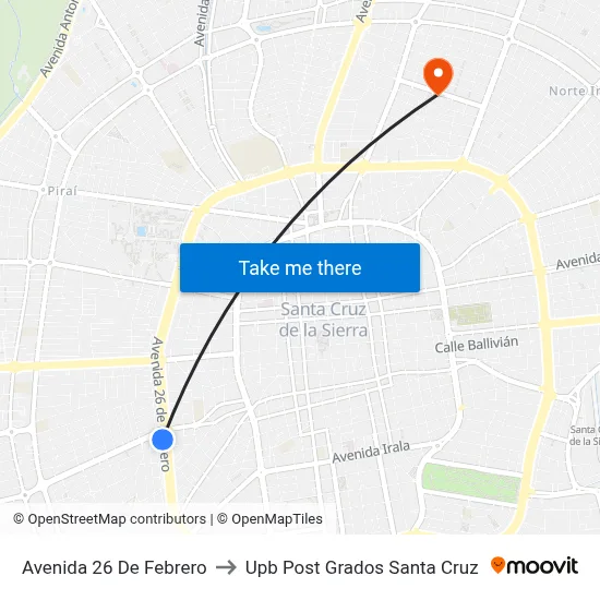 Avenida 26 De Febrero to Upb Post Grados Santa Cruz map