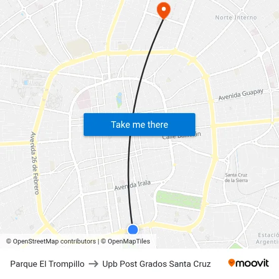 Parque El Trompillo to Upb Post Grados Santa Cruz map