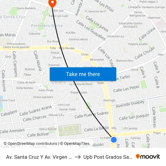 Av. Santa Cruz Y Av. Virgen De Cotoca to Upb Post Grados Santa Cruz map