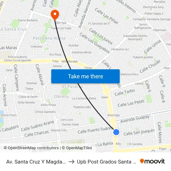 Av. Santa Cruz Y Magdalena to Upb Post Grados Santa Cruz map