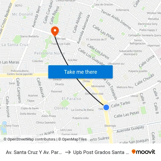 Av. Santa Cruz Y Av. Paraguá to Upb Post Grados Santa Cruz map